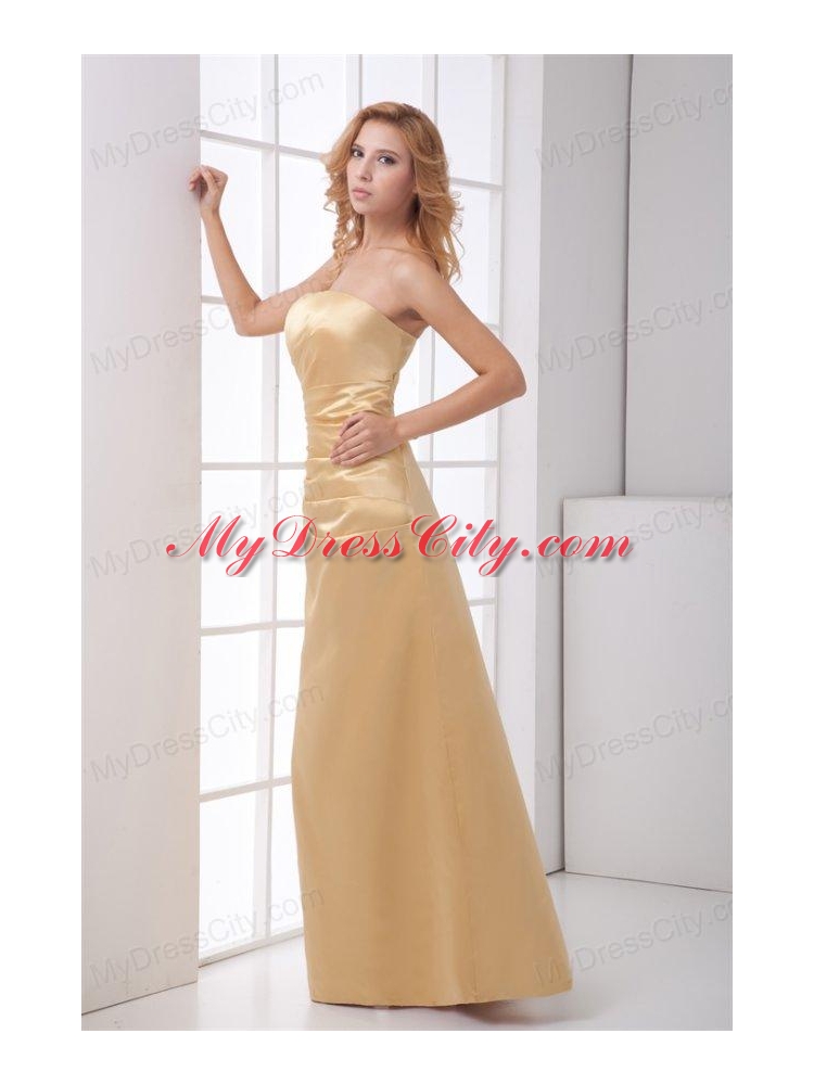 Column Strapless Floor-length Champagne Ruching Prom Dress