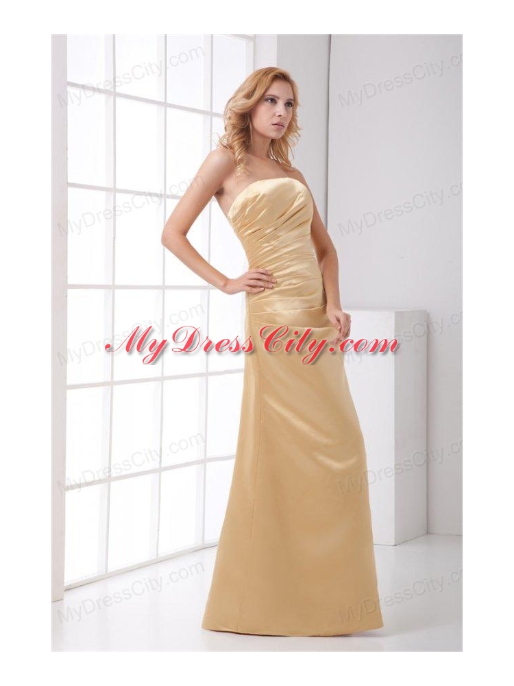 Column Strapless Floor-length Champagne Ruching Prom Dress