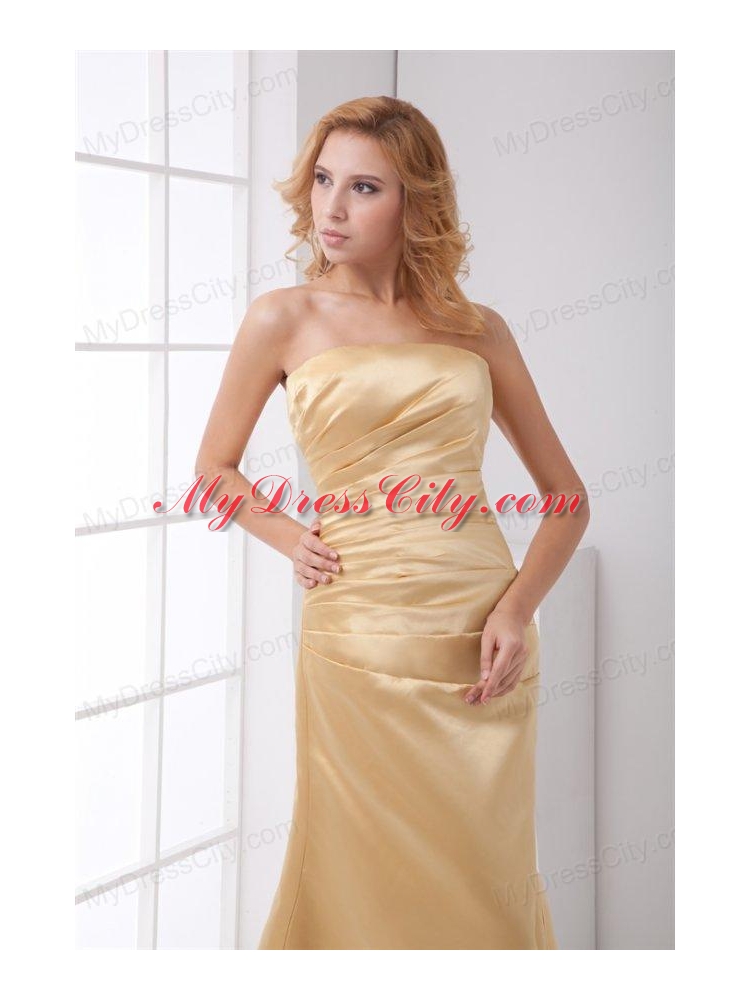 Column Strapless Floor-length Champagne Ruching Prom Dress