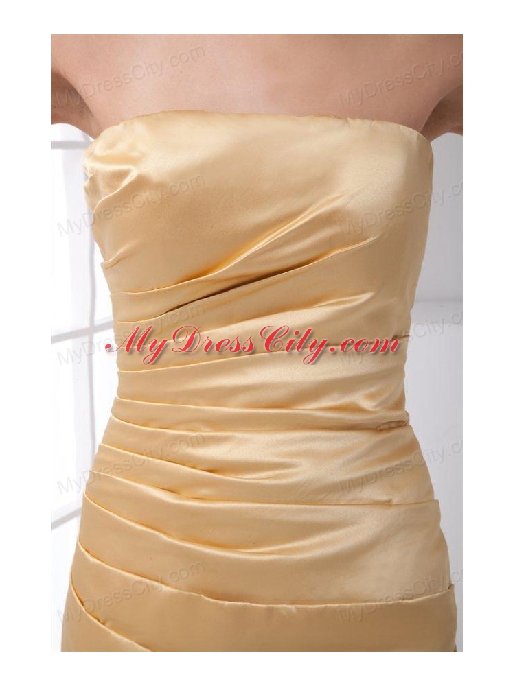 Column Strapless Floor-length Champagne Ruching Prom Dress