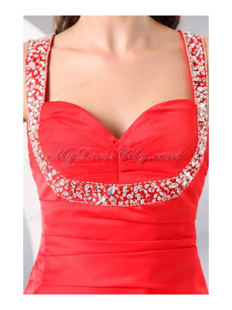 Column Straps Beading and Ruching Short Red Prom Dress