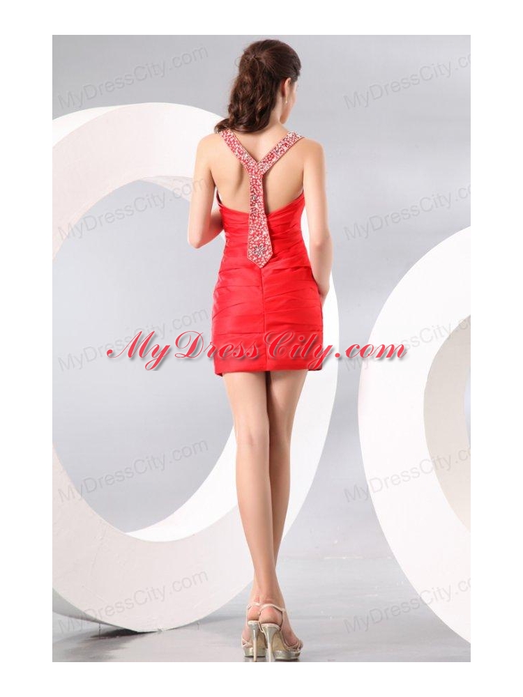 Column Straps Beading and Ruching Short Red Prom Dress