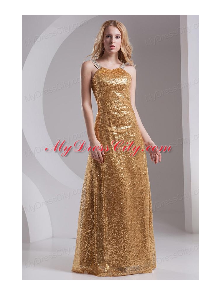 Column Straps Sequins Beading and Sequins Prom Dress in Gold