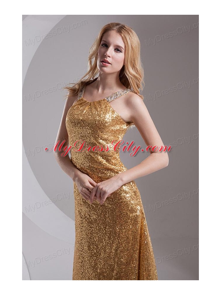 Column Straps Sequins Beading and Sequins Prom Dress in Gold