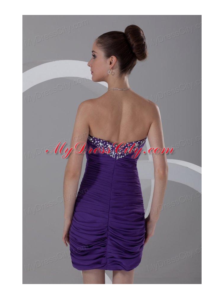 Column Sweetheart Mini-length Purple Chiffon Prom Dress with Beading