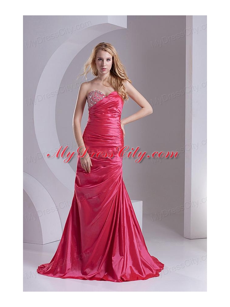 Column Sweetheart Taffeta Beading Ruching Coral Red Prom Dress