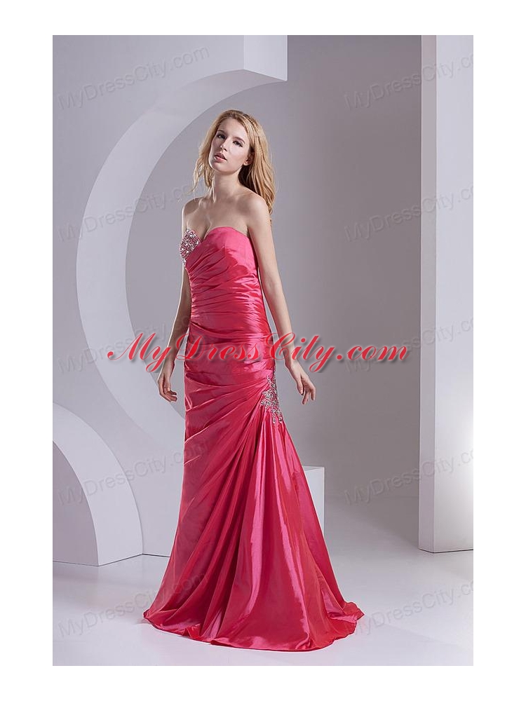 Column Sweetheart Taffeta Beading Ruching Coral Red Prom Dress