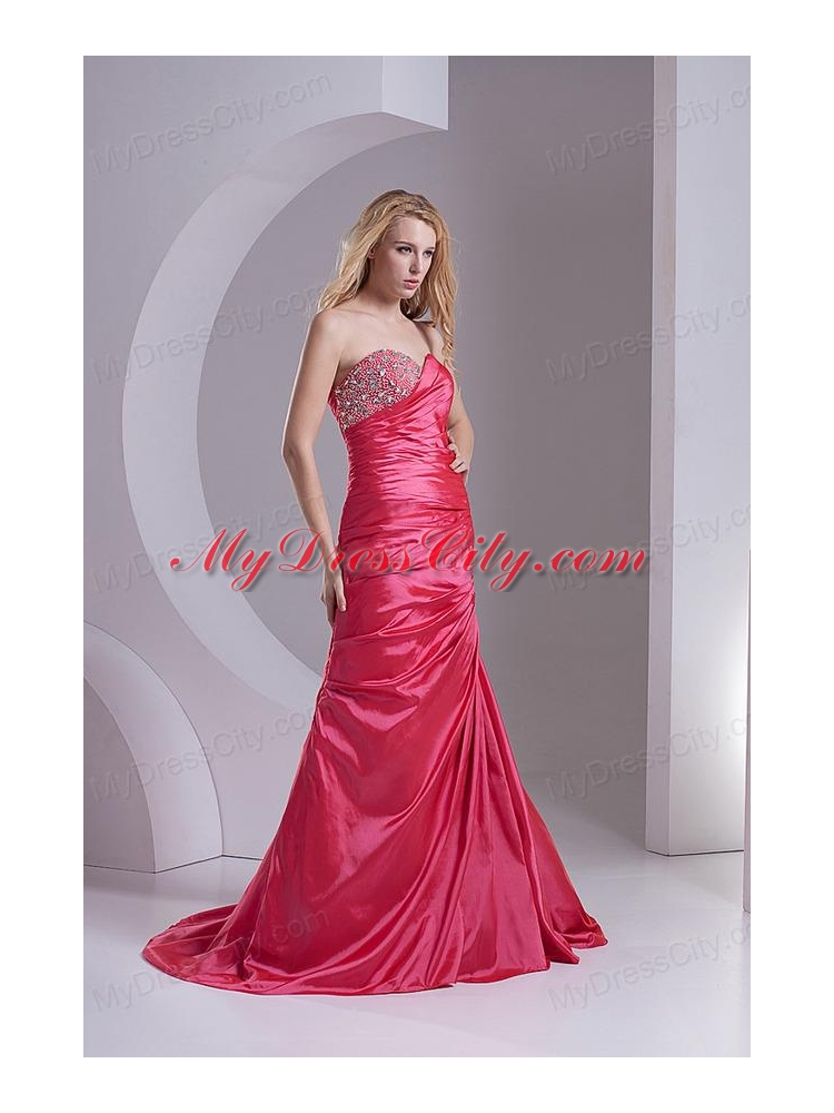 Column Sweetheart Taffeta Beading Ruching Coral Red Prom Dress