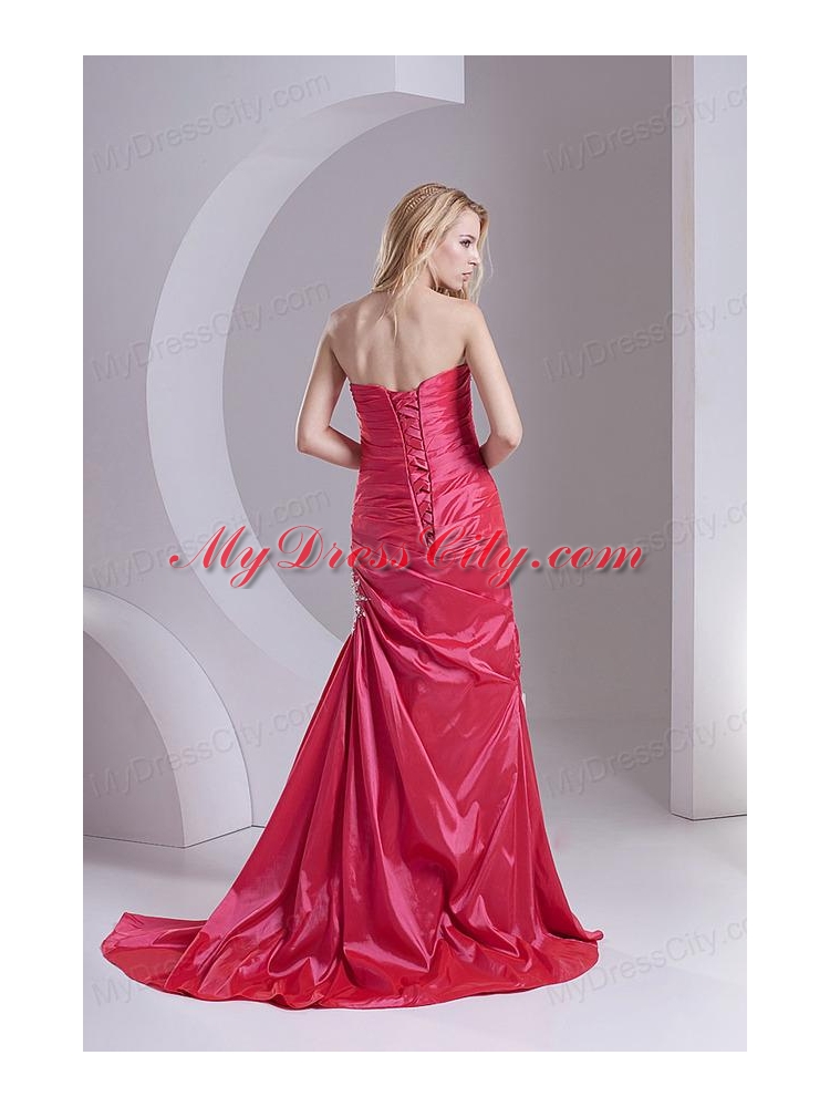 Column Sweetheart Taffeta Beading Ruching Coral Red Prom Dress