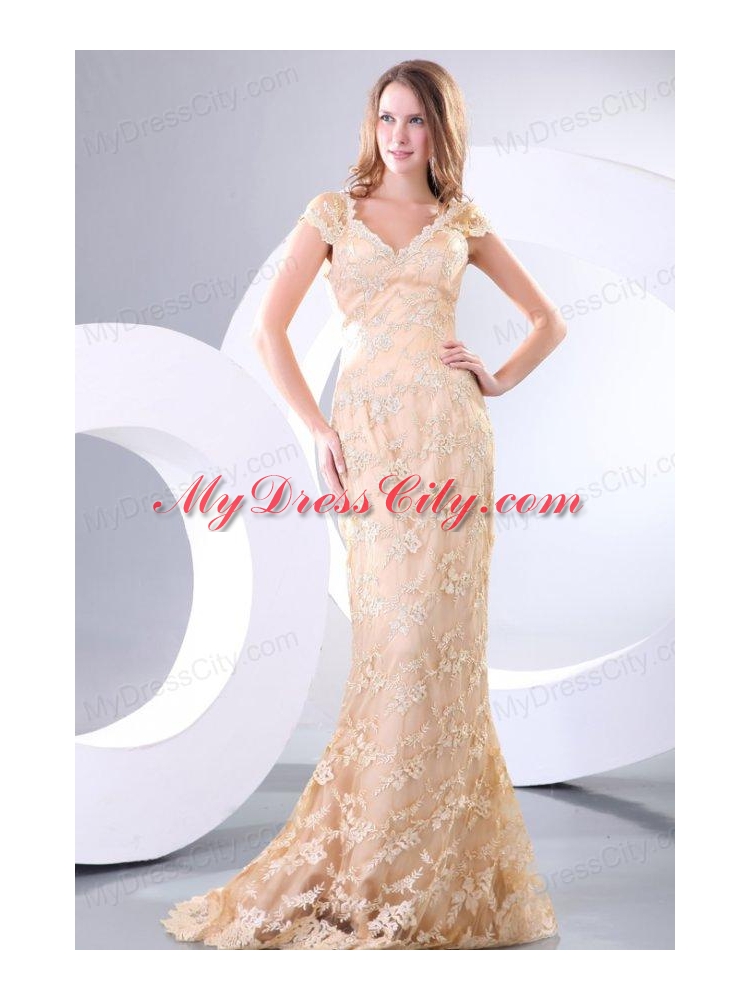 Column V neck Short Sleeves Brush Train Champagne Appliques Prom Dress