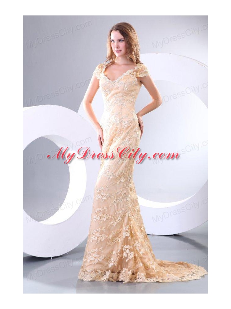 Column V neck Short Sleeves Brush Train Champagne Appliques Prom Dress