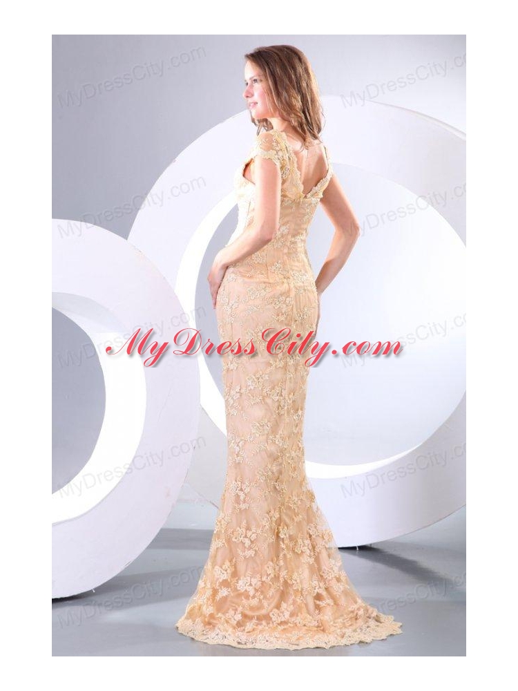 Column V neck Short Sleeves Brush Train Champagne Appliques Prom Dress