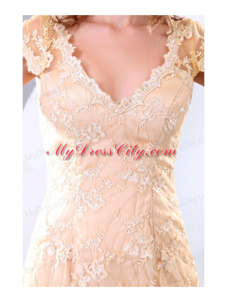 Column V neck Short Sleeves Brush Train Champagne Appliques Prom Dress