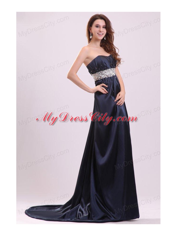 Elegant Empire Strapless Navy Blue Elastic Woven Satin Beading Prom Dress with Brush Train