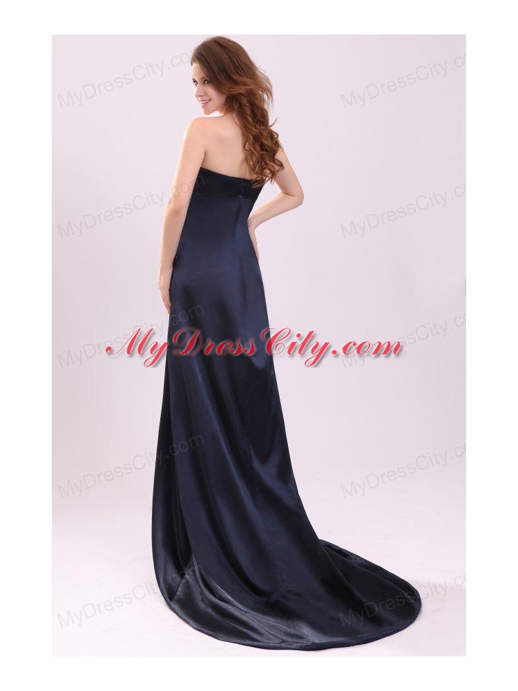 Elegant Empire Strapless Navy Blue Elastic Woven Satin Beading Prom Dress with Brush Train