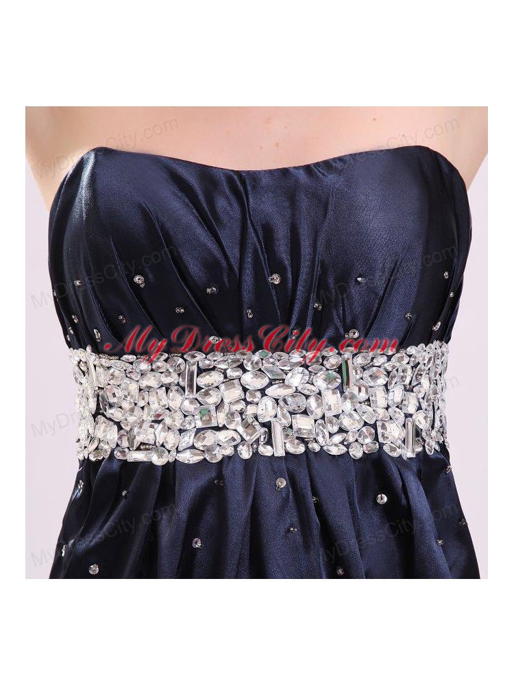 Elegant Empire Strapless Navy Blue Elastic Woven Satin Beading Prom Dress with Brush Train