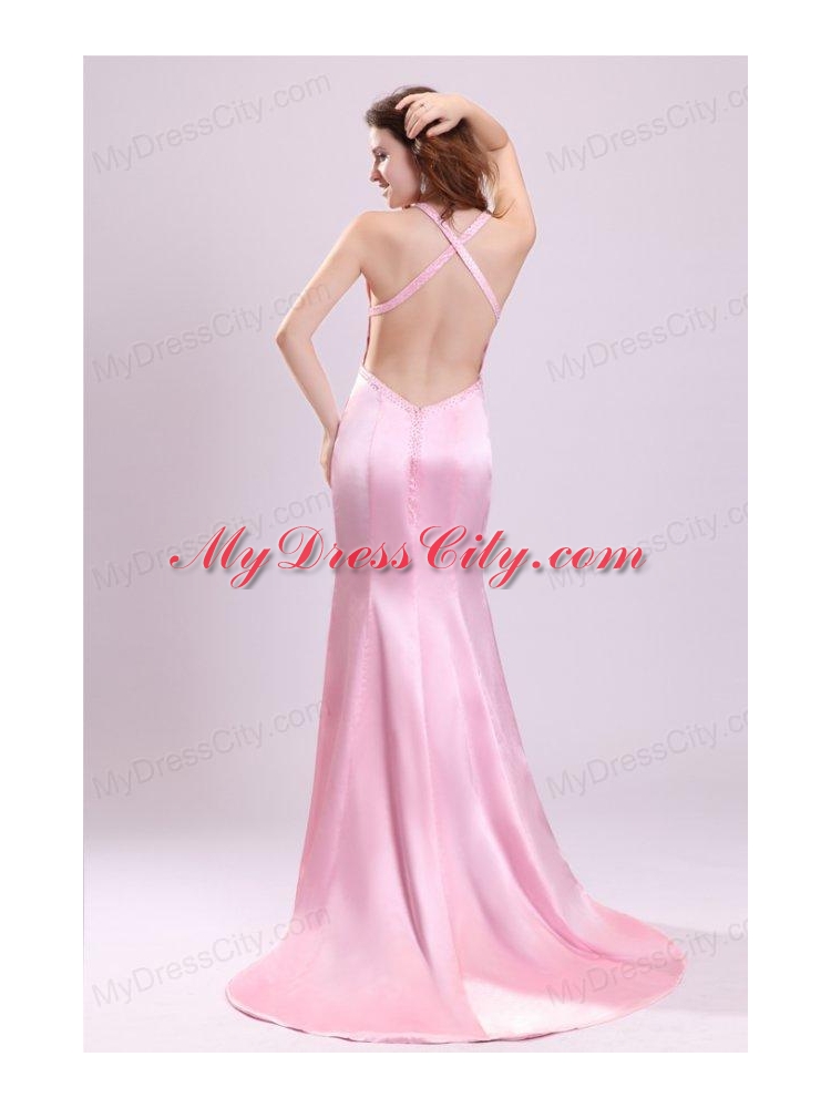 Elegant Pink Column Halter Brush Train Criss Cross Elastic Woven Satin Prom Dress with Beading