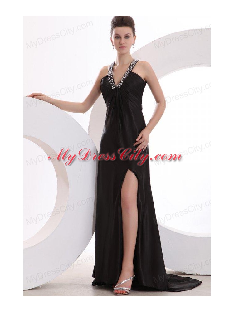 Empire Black V-neck Beading and High Silt Prom Dress with Brush Train