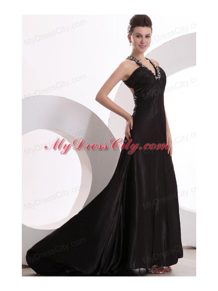 Empire Black V-neck Beading and High Silt Prom Dress with Brush Train