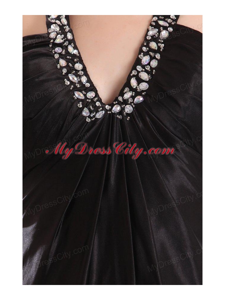 Empire Black V-neck Beading and High Silt Prom Dress with Brush Train