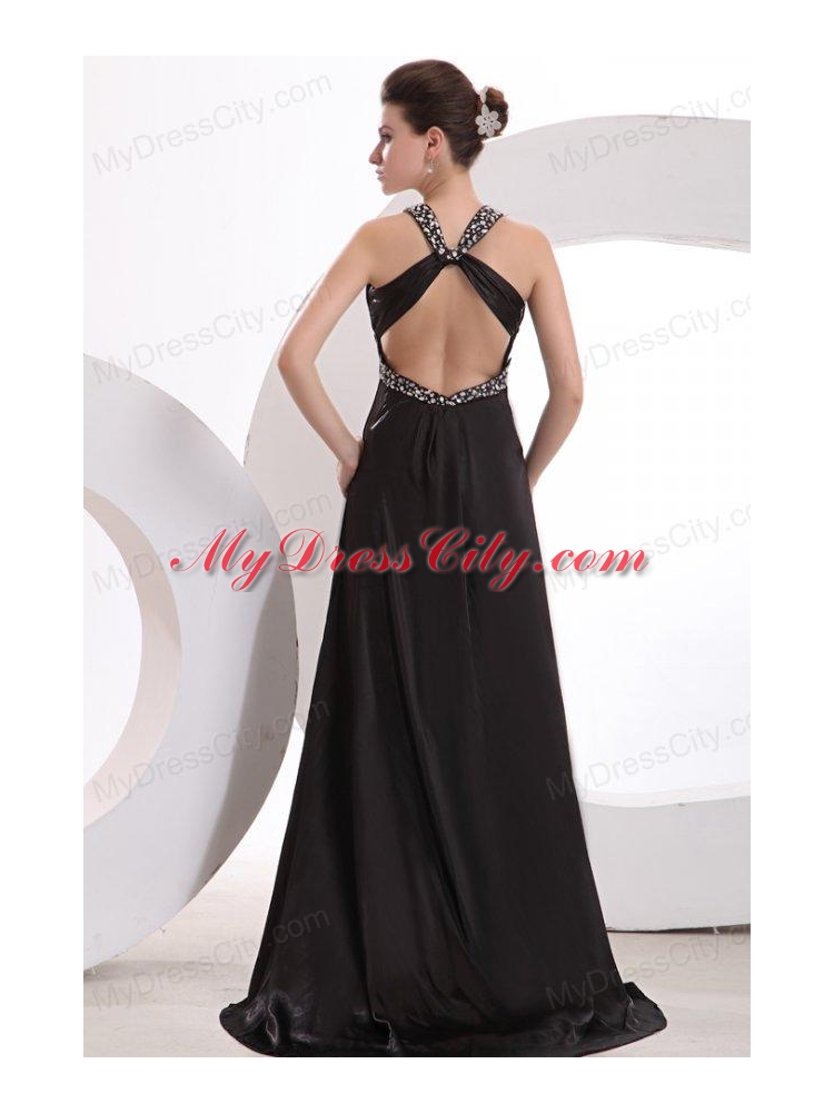 Empire Black V-neck Beading and High Silt Prom Dress with Brush Train