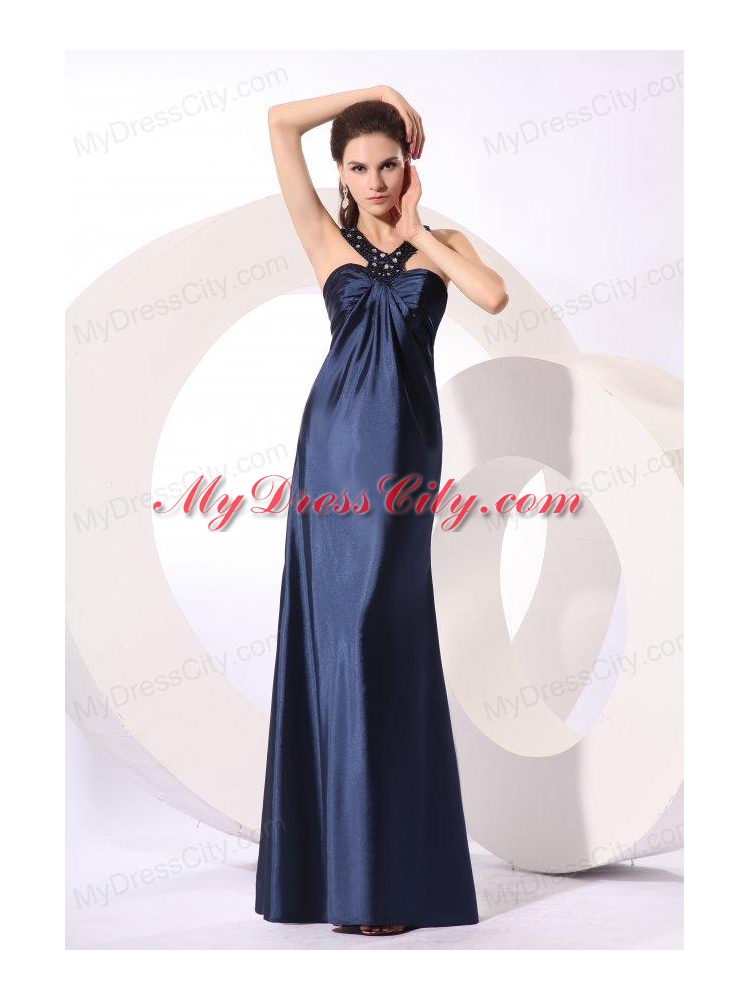 Empire Halter Navy Blue Beading Long Elastic Woven Satin Prom Dress