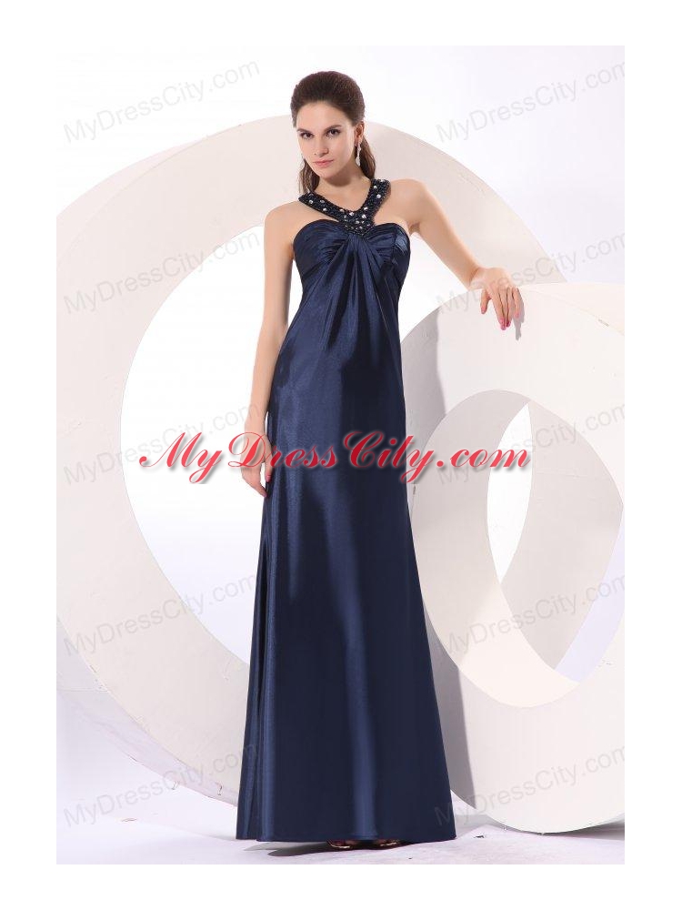 Empire Halter Navy Blue Beading Long Elastic Woven Satin Prom Dress