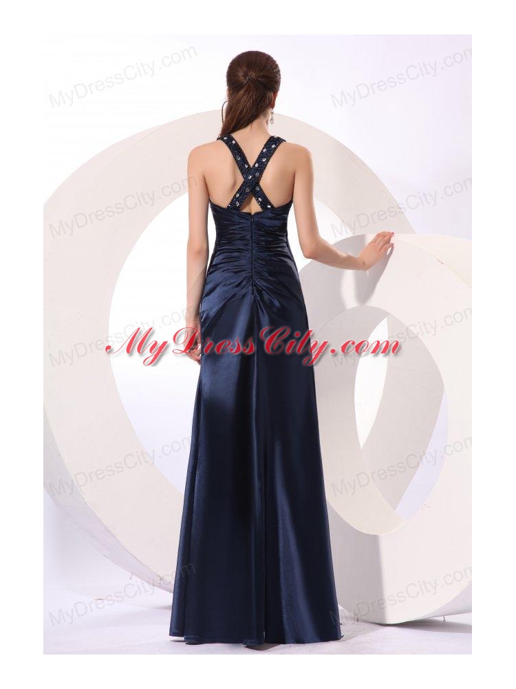 Empire Halter Navy Blue Beading Long Elastic Woven Satin Prom Dress