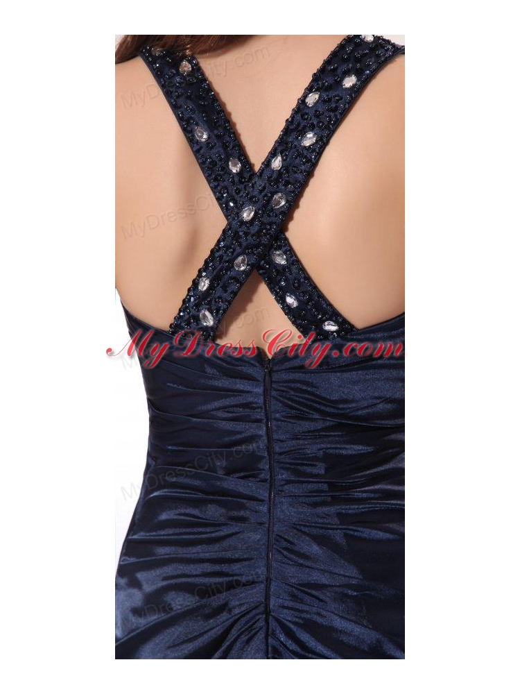 Empire Halter Navy Blue Beading Long Elastic Woven Satin Prom Dress