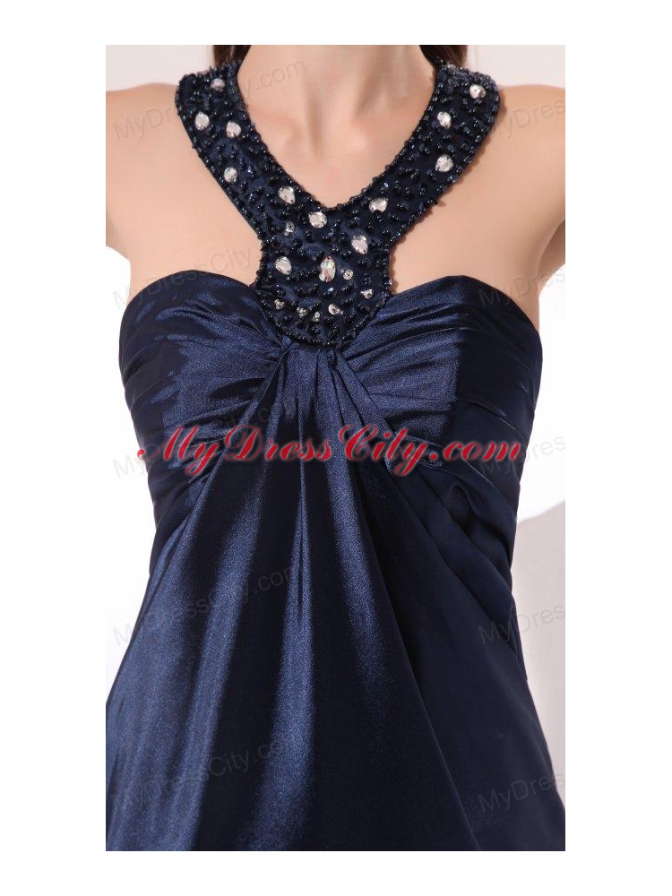 Empire Halter Navy Blue Beading Long Elastic Woven Satin Prom Dress