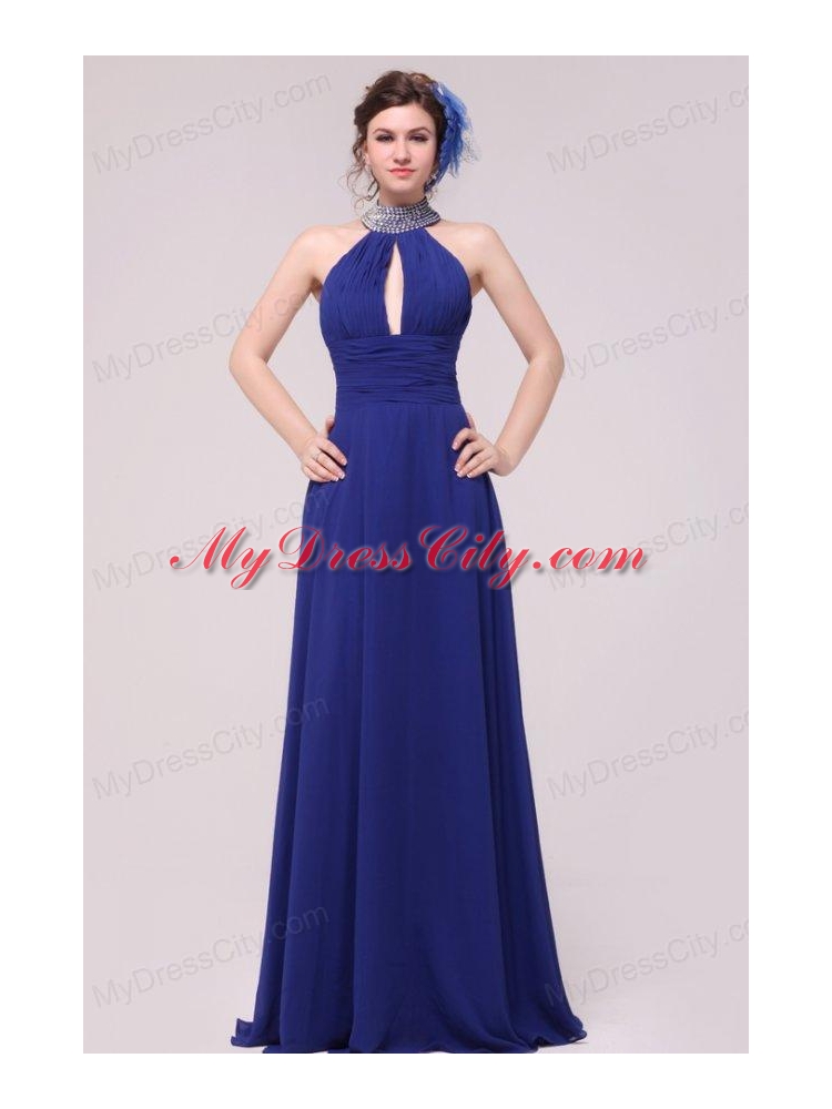 Empire Halter Top Neck Beaded Decorate Brush Train Prom Dress