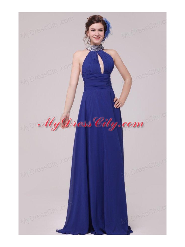 Empire Halter Top Neck Beaded Decorate Brush Train Prom Dress