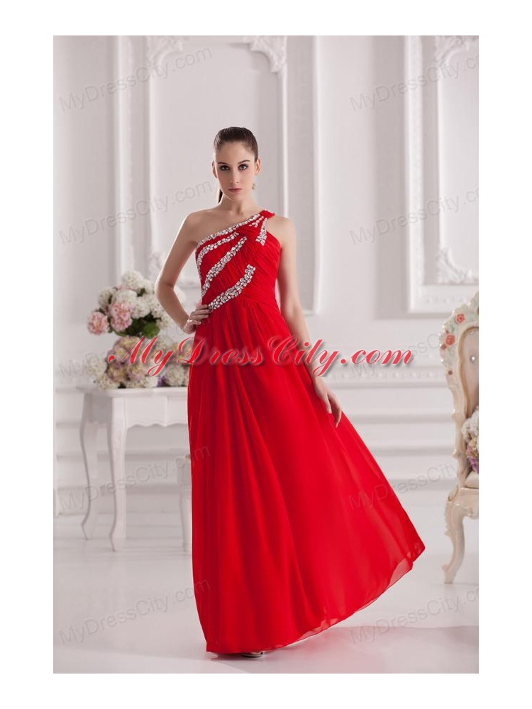 Empire One Shoulder Floor-length Beading Red Prom Dress