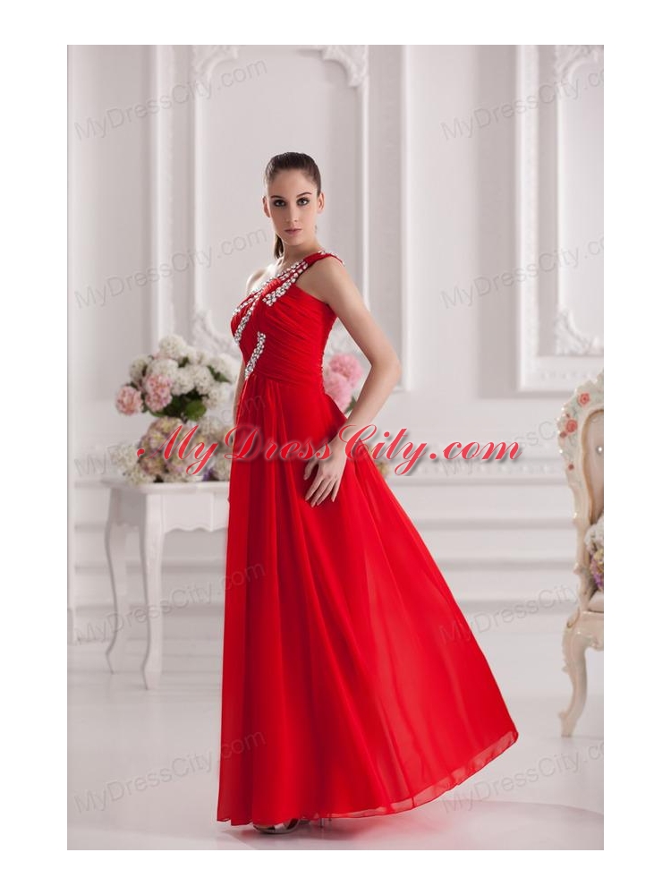 Empire One Shoulder Floor-length Beading Red Prom Dress