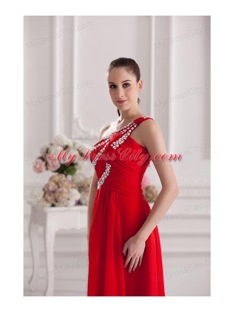 Empire One Shoulder Floor-length Beading Red Prom Dress