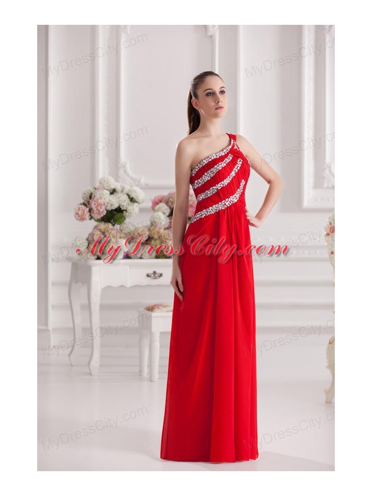 Empire One Shoulder Floor-length Beading Red Prom Dress