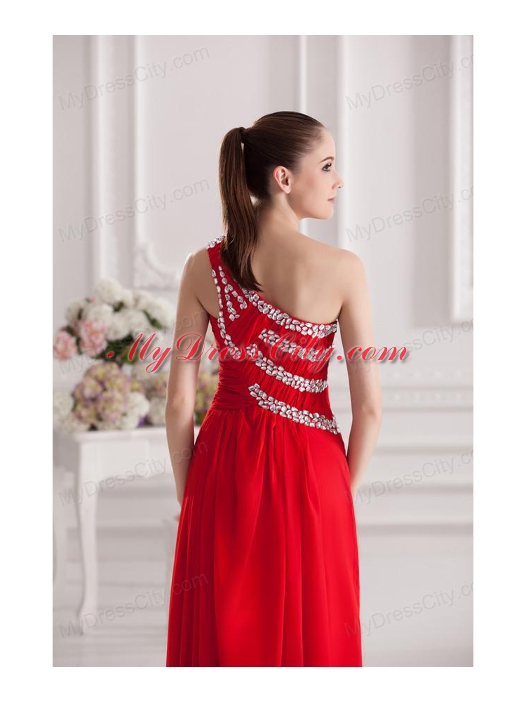 Empire One Shoulder Floor-length Beading Red Prom Dress