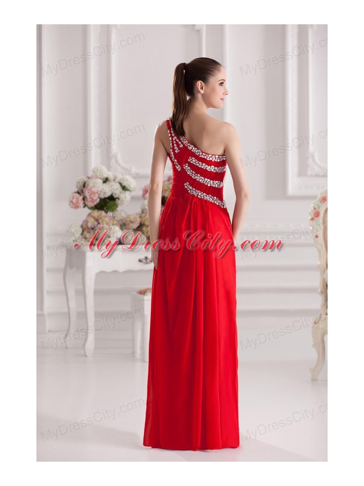 Empire One Shoulder Floor-length Beading Red Prom Dress