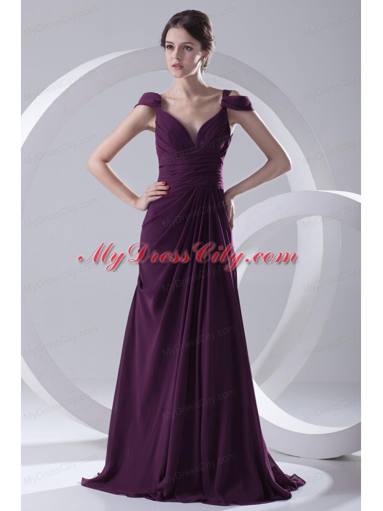 Empire Purple Ruching Straps Cap Sleeves Dresses for Prom