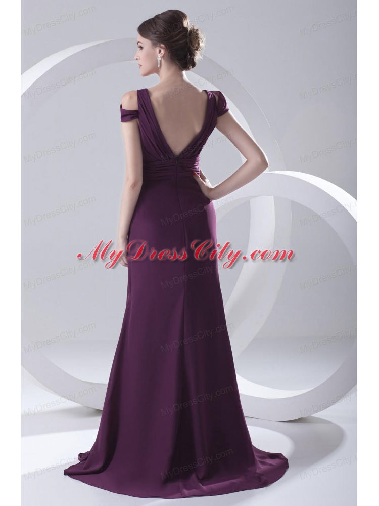 Empire Purple Ruching Straps Cap Sleeves Dresses for Prom