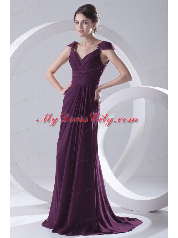 Empire Purple Ruching Straps Cap Sleeves Dresses for Prom