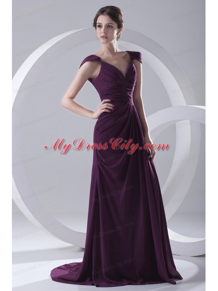 Empire Purple Ruching Straps Cap Sleeves Dresses for Prom