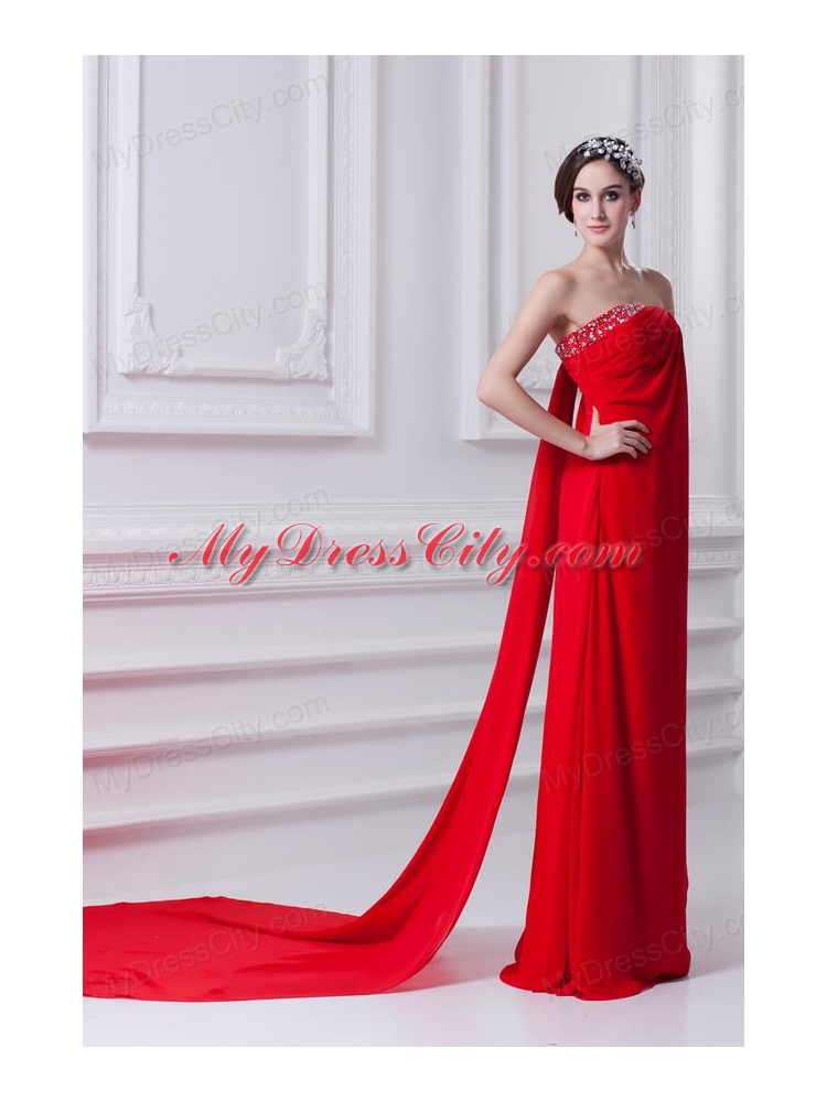 Empire Red Strapless Beading Chiffon Watteau Train Prom Dress