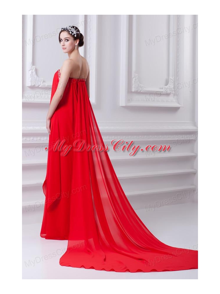 Empire Red Strapless Beading Chiffon Watteau Train Prom Dress