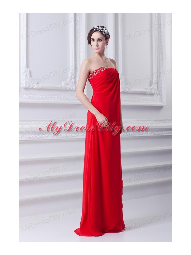 Empire Red Strapless Beading Chiffon Watteau Train Prom Dress