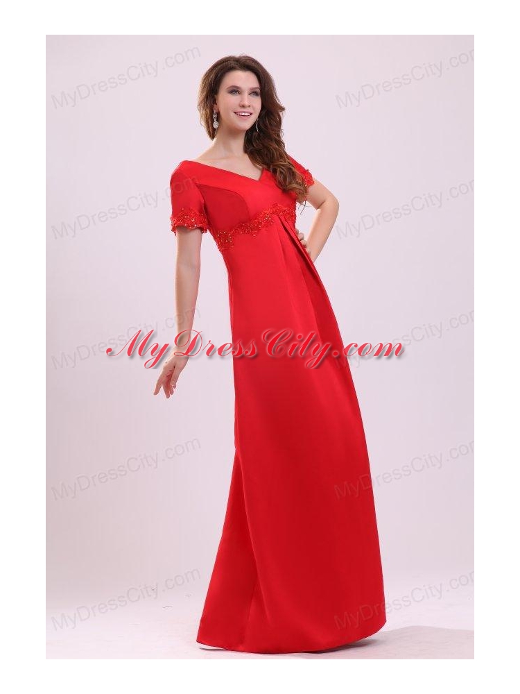 Empire V-neck Short Sleeves Appliques Satin Prom Dress in Red