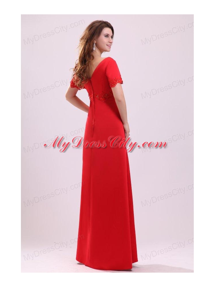 Empire V-neck Short Sleeves Appliques Satin Prom Dress in Red