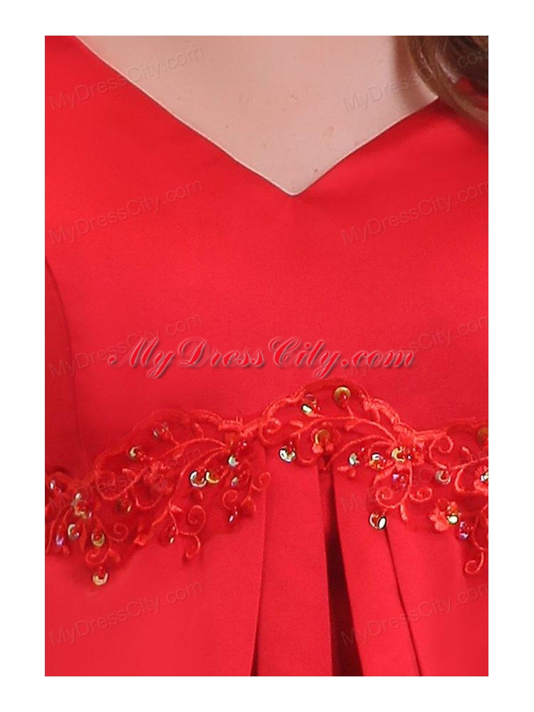 Empire V-neck Short Sleeves Appliques Satin Prom Dress in Red