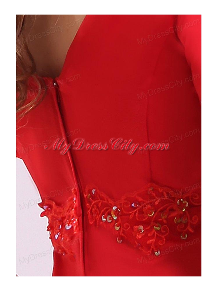 Empire V-neck Short Sleeves Appliques Satin Prom Dress in Red