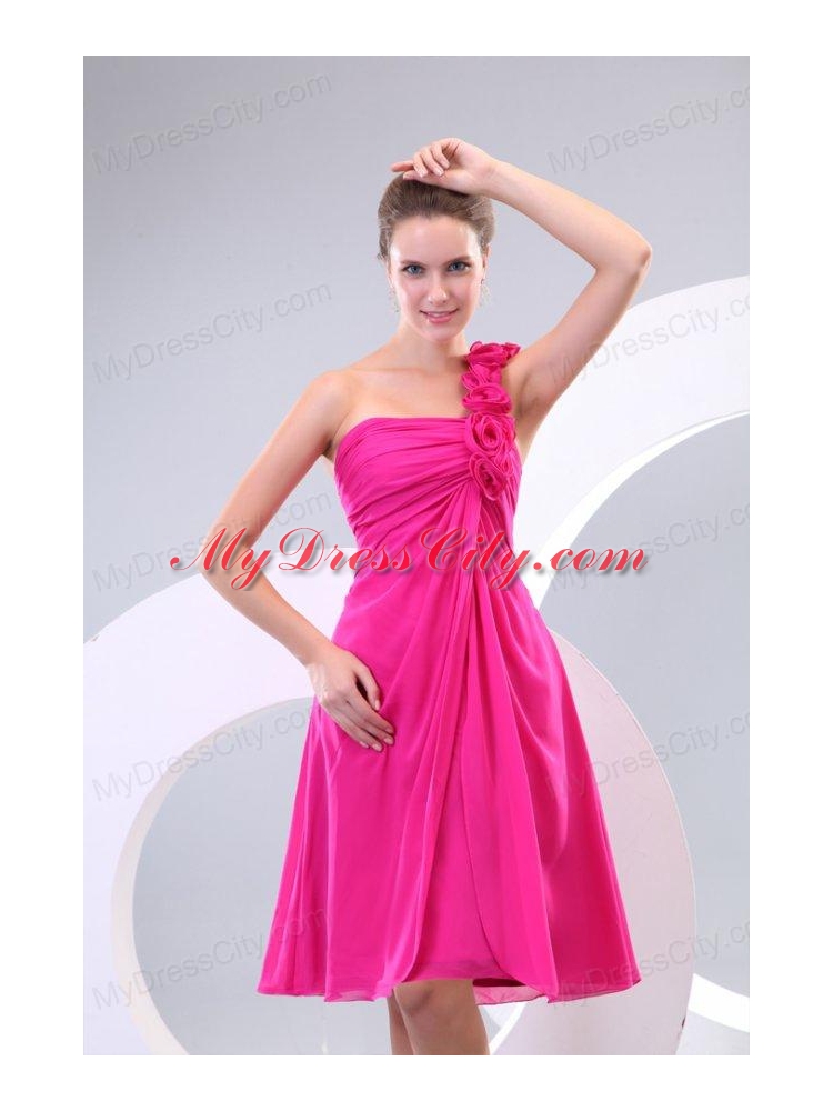 Hot Pink Hand Made Flowers and Ruching One Shoulder Prom Dress